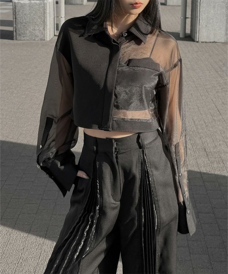 Sheer switching cropped shirt
