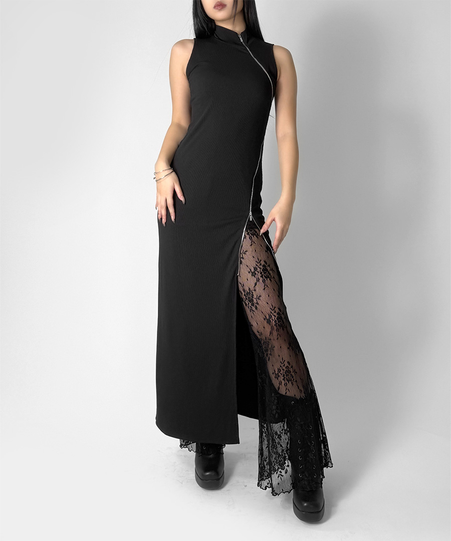 Asymmetrical zip knit long one piece