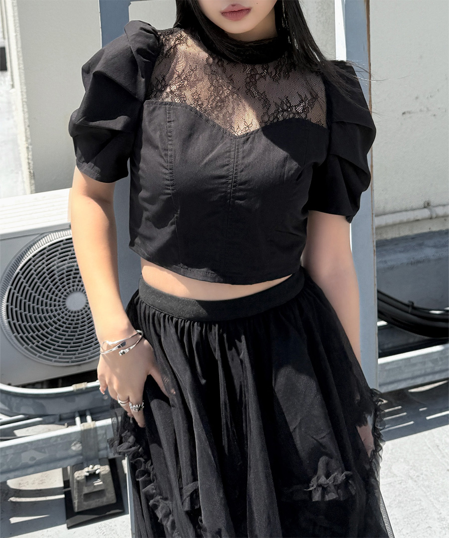 Lace switching puff sleeve blouse