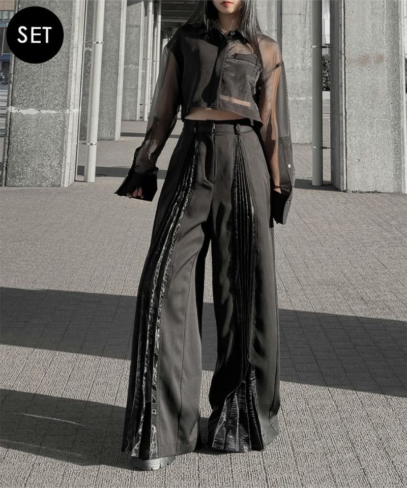 【SET】Sheer switching cropped shirt & Sheer pleated switching wide pants
