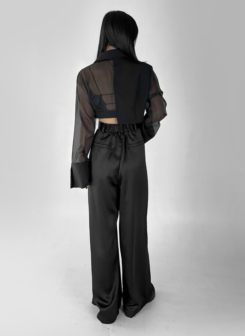 Sheer sleeve asymmetry cropped jacket