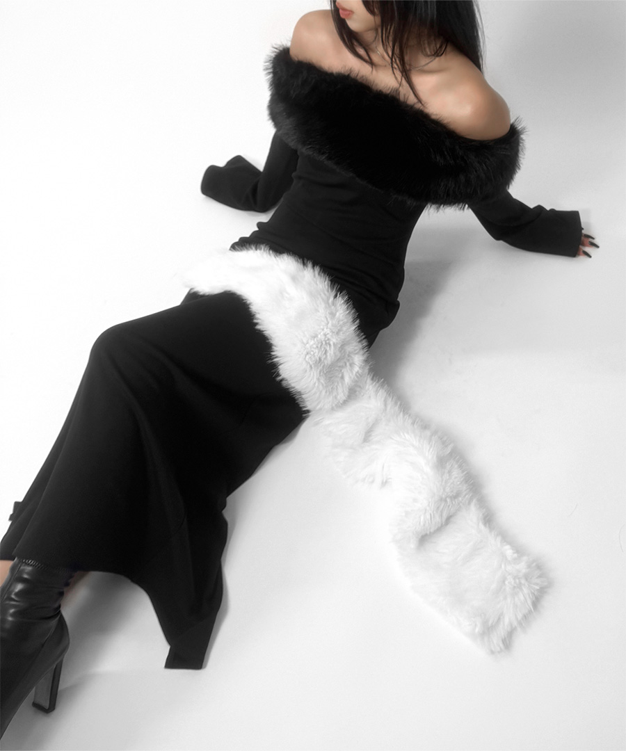 Faux fur design off shoulder one piece