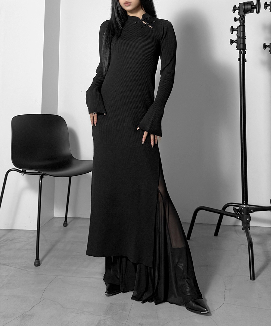 Frog button rib knit long one piece