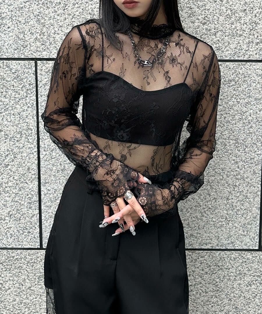 Flare cuff lace sheer tops