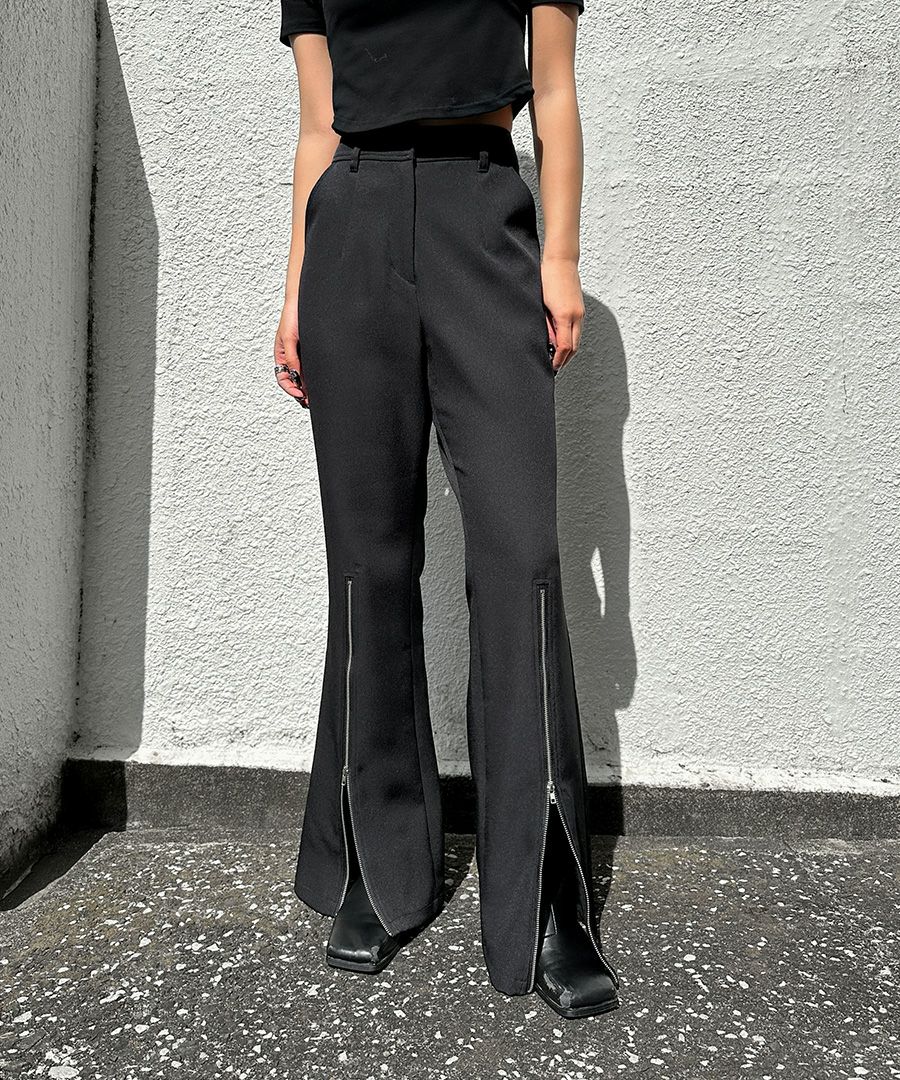 モード系 zip flare pants mizuiro ind｜ワイド フレア イージーパンツ 