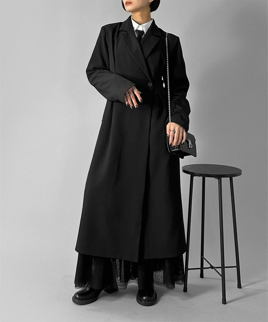 196 新品 黒ブラック 前あきファスナー 片側メッシュ付き 変形ロングコート 2wayタックデザインロングジャケット | LVEU.（ラブユ.）
