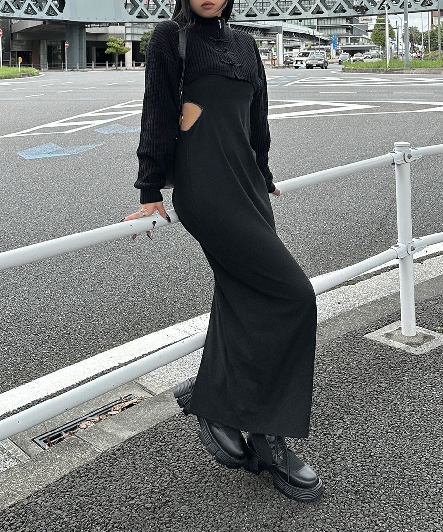 黒 カットアウトデザイン クロップドニット LVEU.】カットアウトクロップドメッシュニット / トップス クロップド