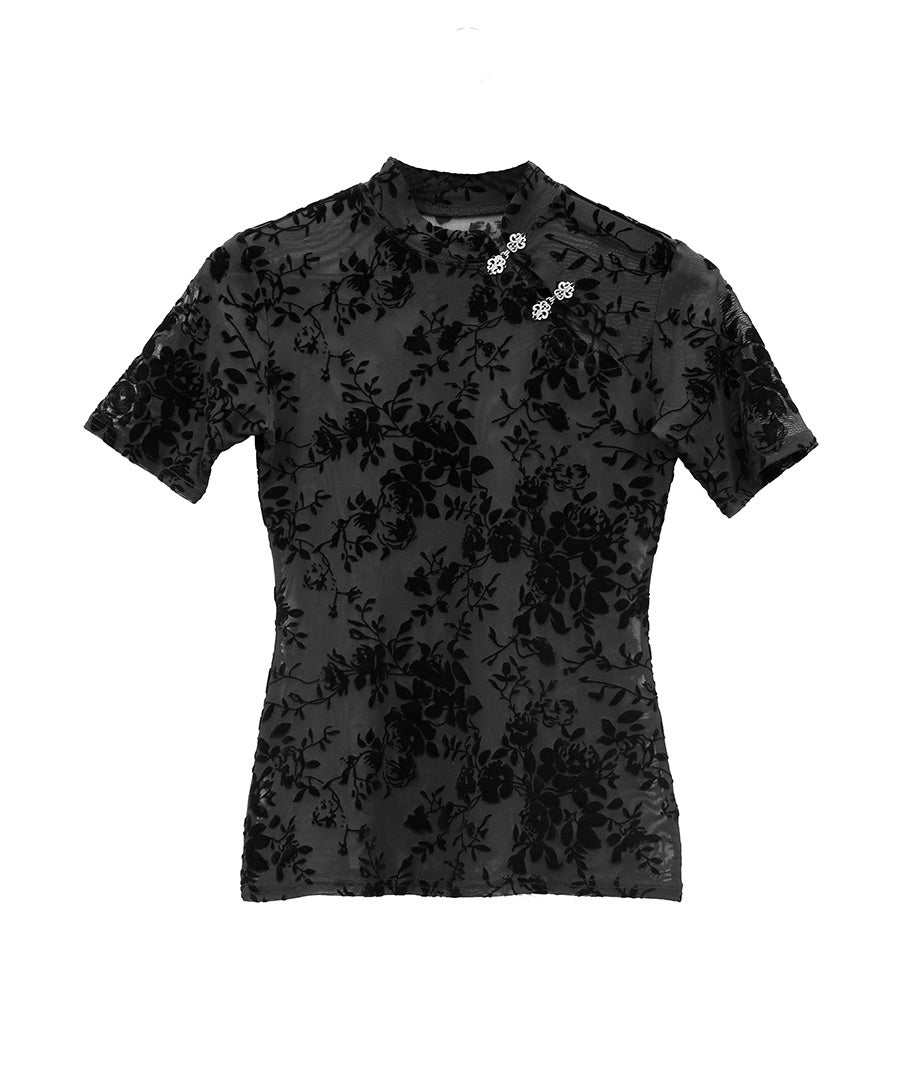 【OLLEBOREBLA】黒の花飾り付き半袖トップス フックデザインレースシアー半袖トップス | LVEU.（ラブユ.）